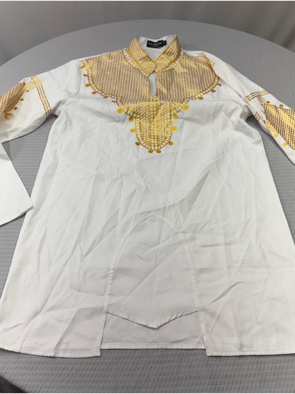 African Dashiki Men's White Dress Shirt with Gold Embroidered Yoke